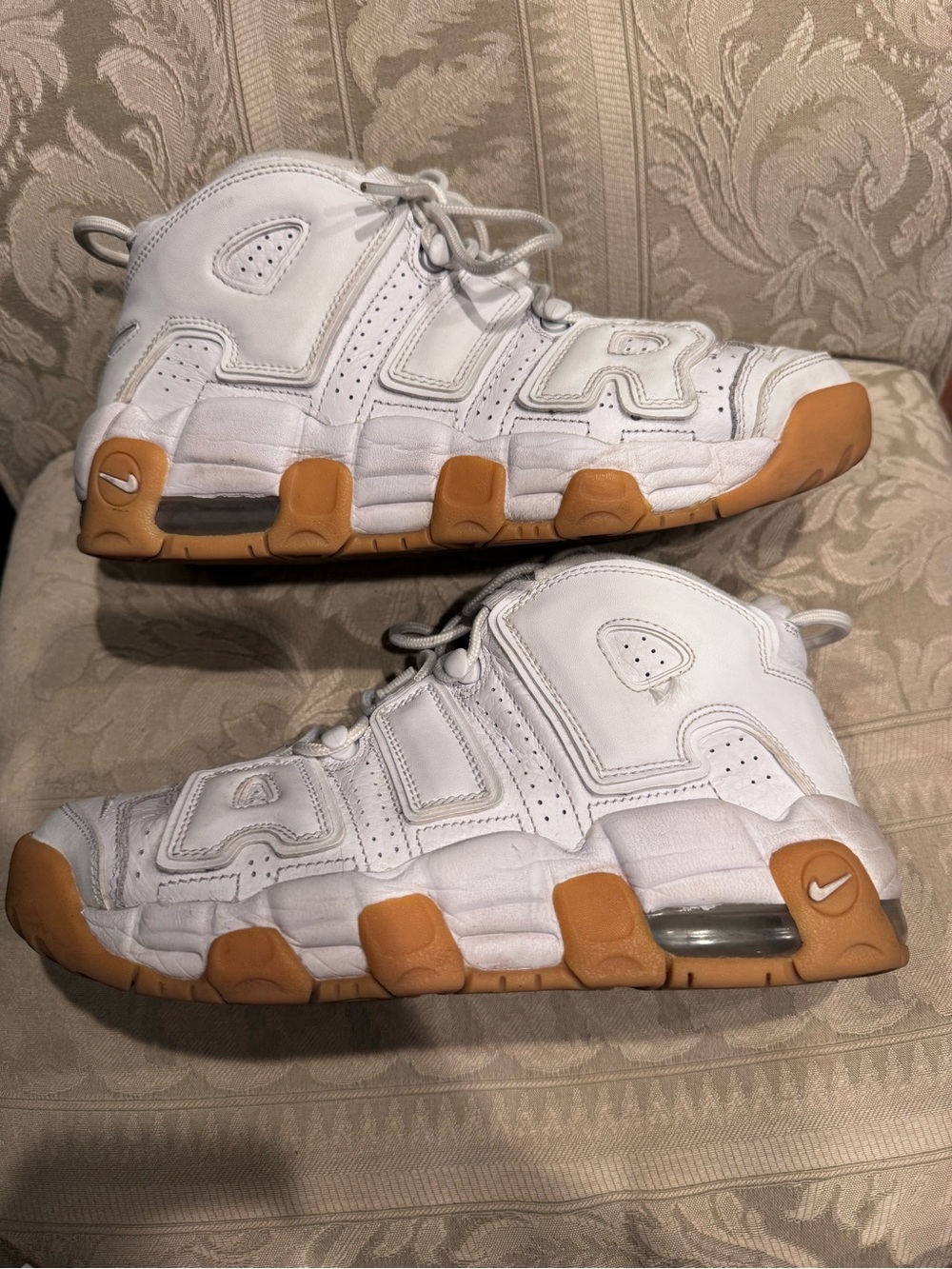 Nike White and Gum Air More Uptempo Sneakers